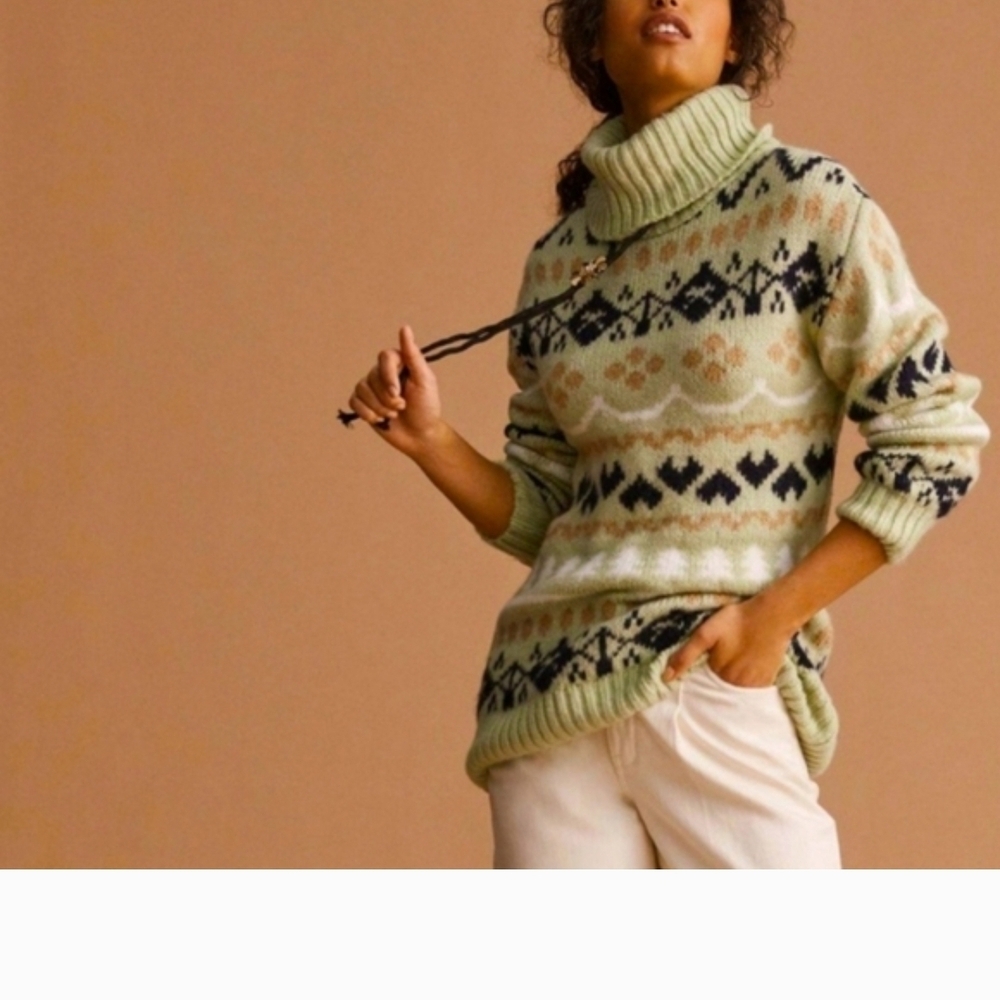 Anthropologie Mint and Navy Patterned Turtleneck Sweater